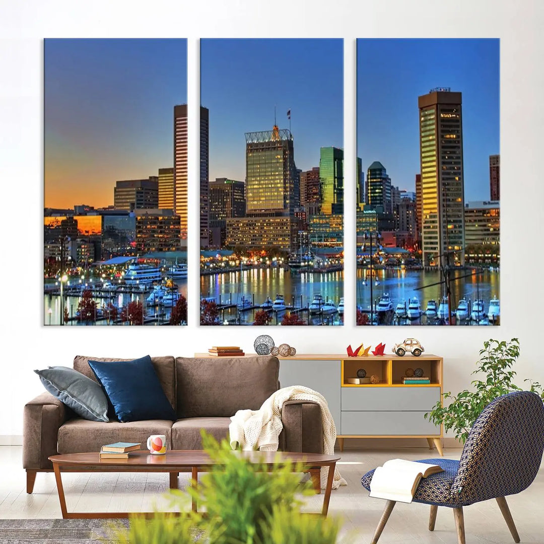 Living room featuring the "Baltimore City Lights Sunset Blue and Orange Skyline Cityscape View" wall art canvas print on museum-quality canvases.