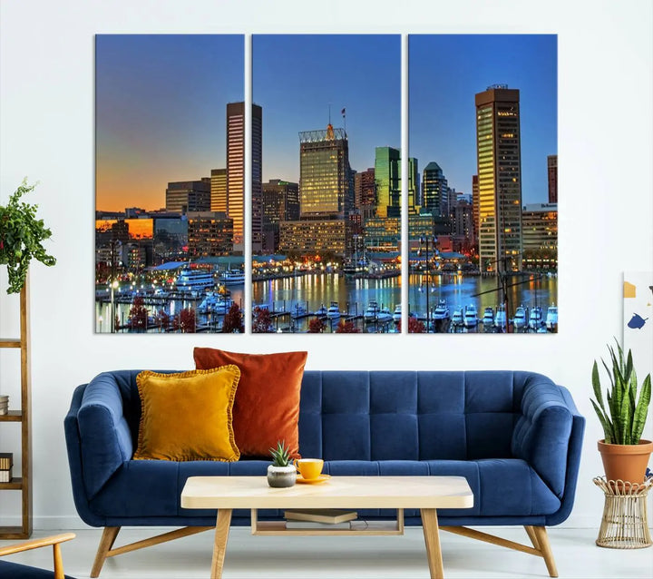 Living room featuring the "Baltimore City Lights Sunset Blue and Orange Skyline Cityscape View" wall art canvas print on museum-quality canvases.