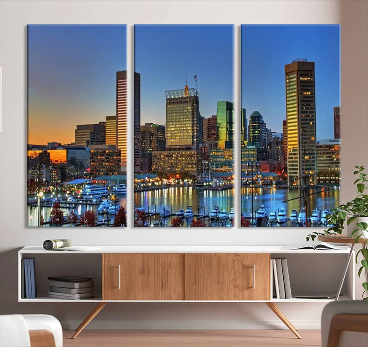 Living room featuring the "Baltimore City Lights Sunset Blue and Orange Skyline Cityscape View" wall art canvas print on museum-quality canvases.