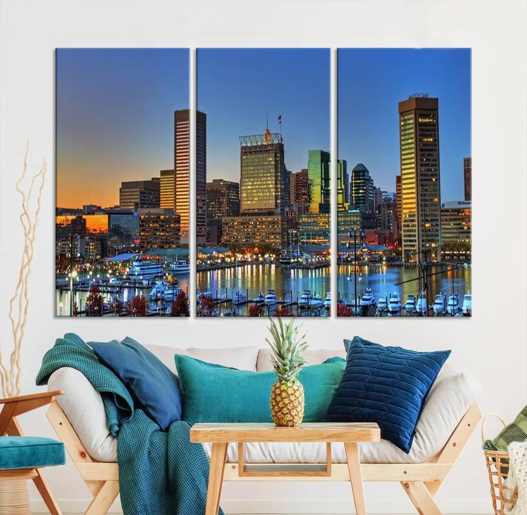 Living room featuring the "Baltimore City Lights Sunset Blue and Orange Skyline Cityscape View" wall art canvas print on museum-quality canvases.