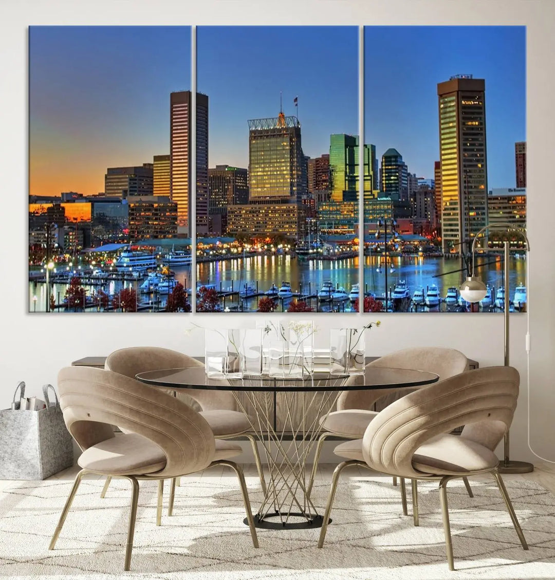 Living room featuring the "Baltimore City Lights Sunset Blue and Orange Skyline Cityscape View" wall art canvas print on museum-quality canvases.