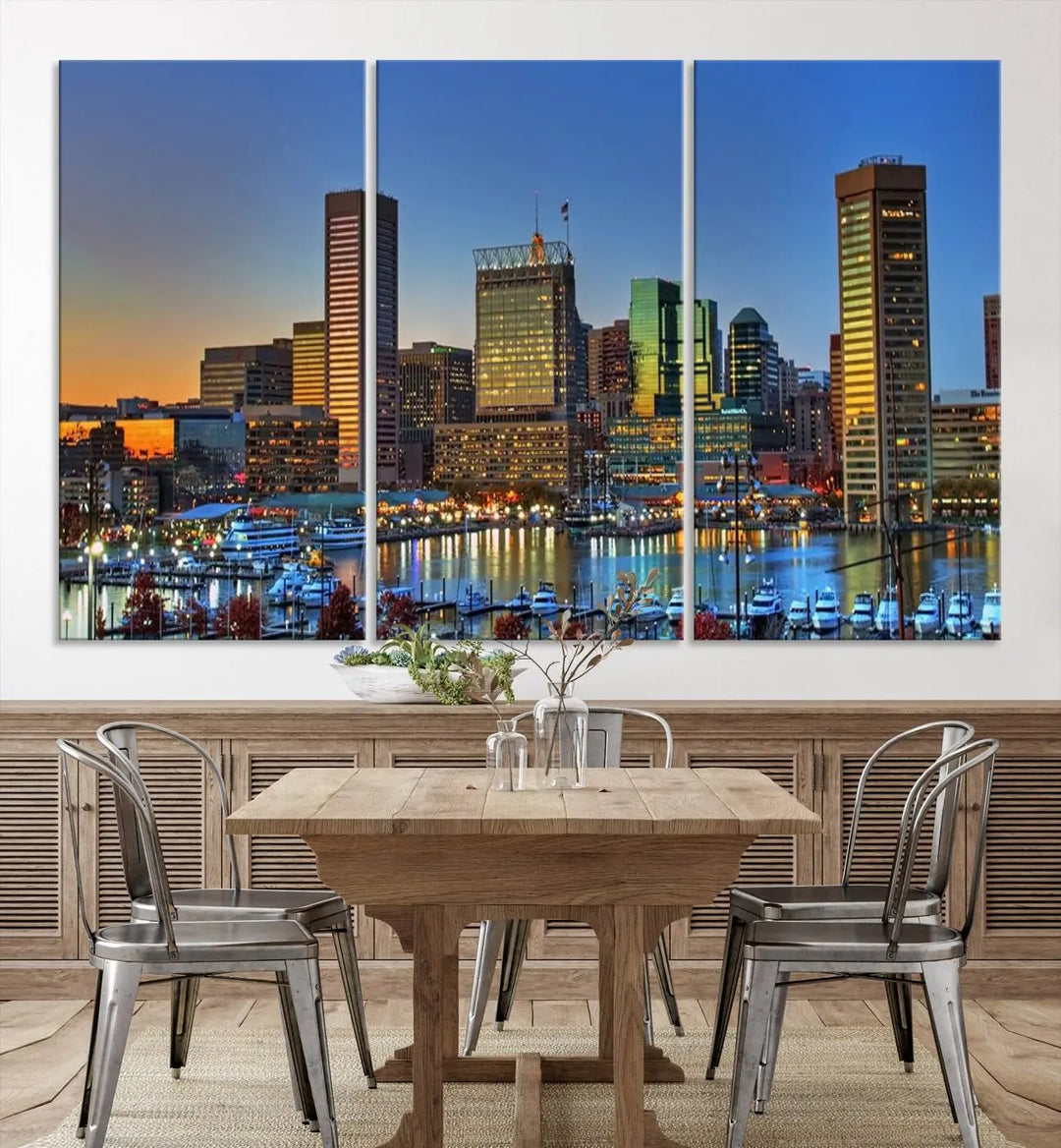 Living room featuring the "Baltimore City Lights Sunset Blue and Orange Skyline Cityscape View" wall art canvas print on museum-quality canvases.