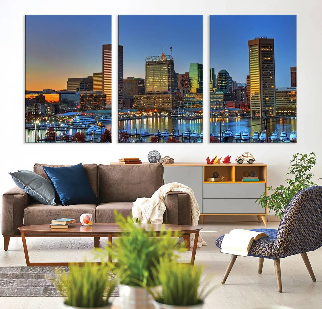 Living room featuring the "Baltimore City Lights Sunset Blue and Orange Skyline Cityscape View" wall art canvas print on museum-quality canvases.