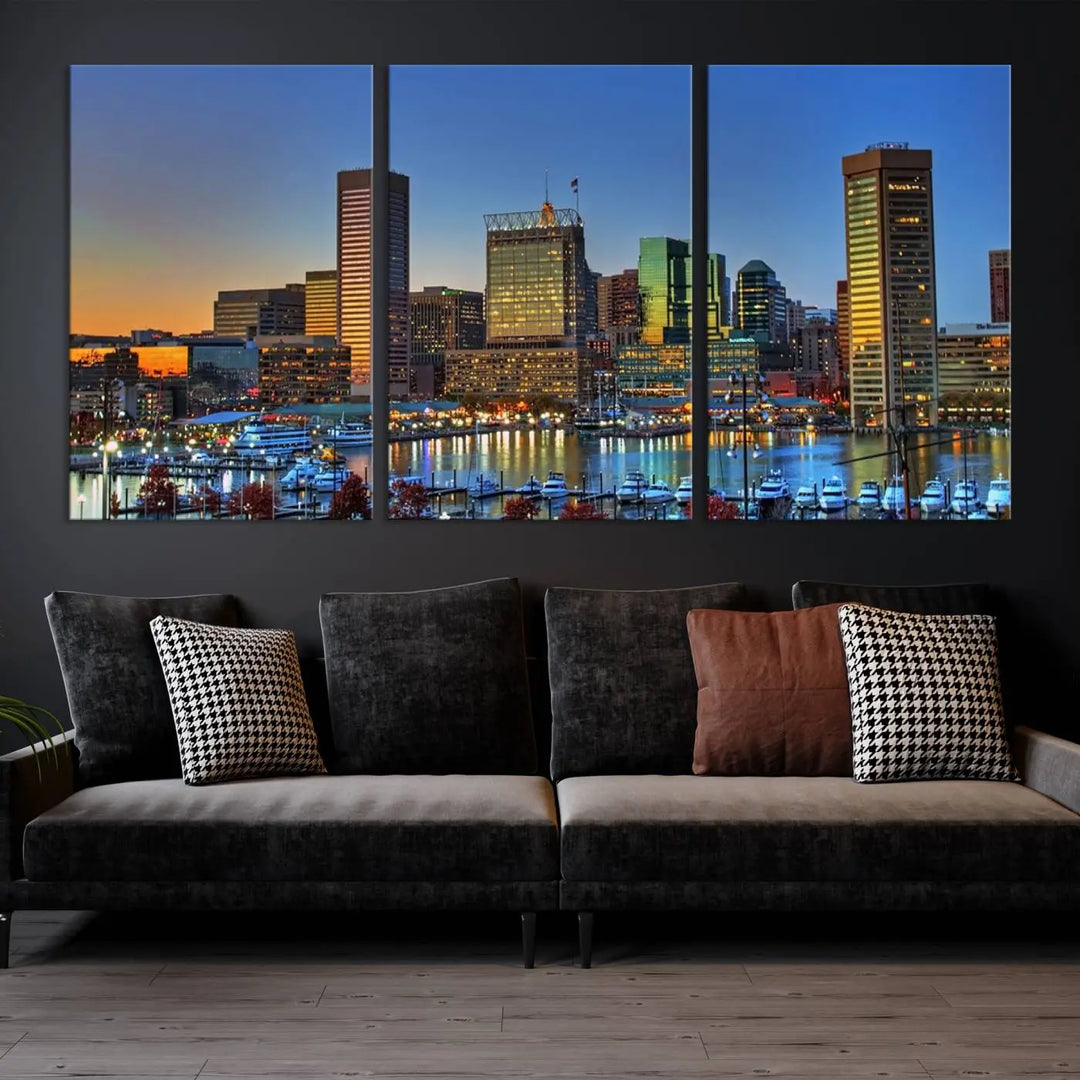 Living room featuring the "Baltimore City Lights Sunset Blue and Orange Skyline Cityscape View" wall art canvas print on museum-quality canvases.