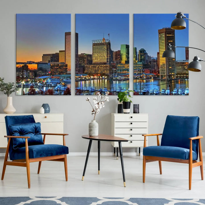 Living room featuring the "Baltimore City Lights Sunset Blue and Orange Skyline Cityscape View" wall art canvas print on museum-quality canvases.