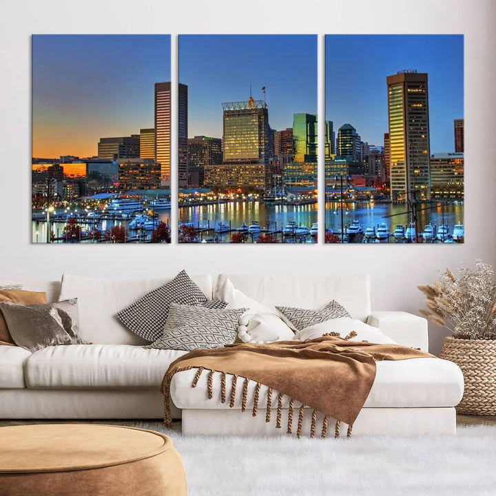 Living room featuring the "Baltimore City Lights Sunset Blue and Orange Skyline Cityscape View" wall art canvas print on museum-quality canvases.