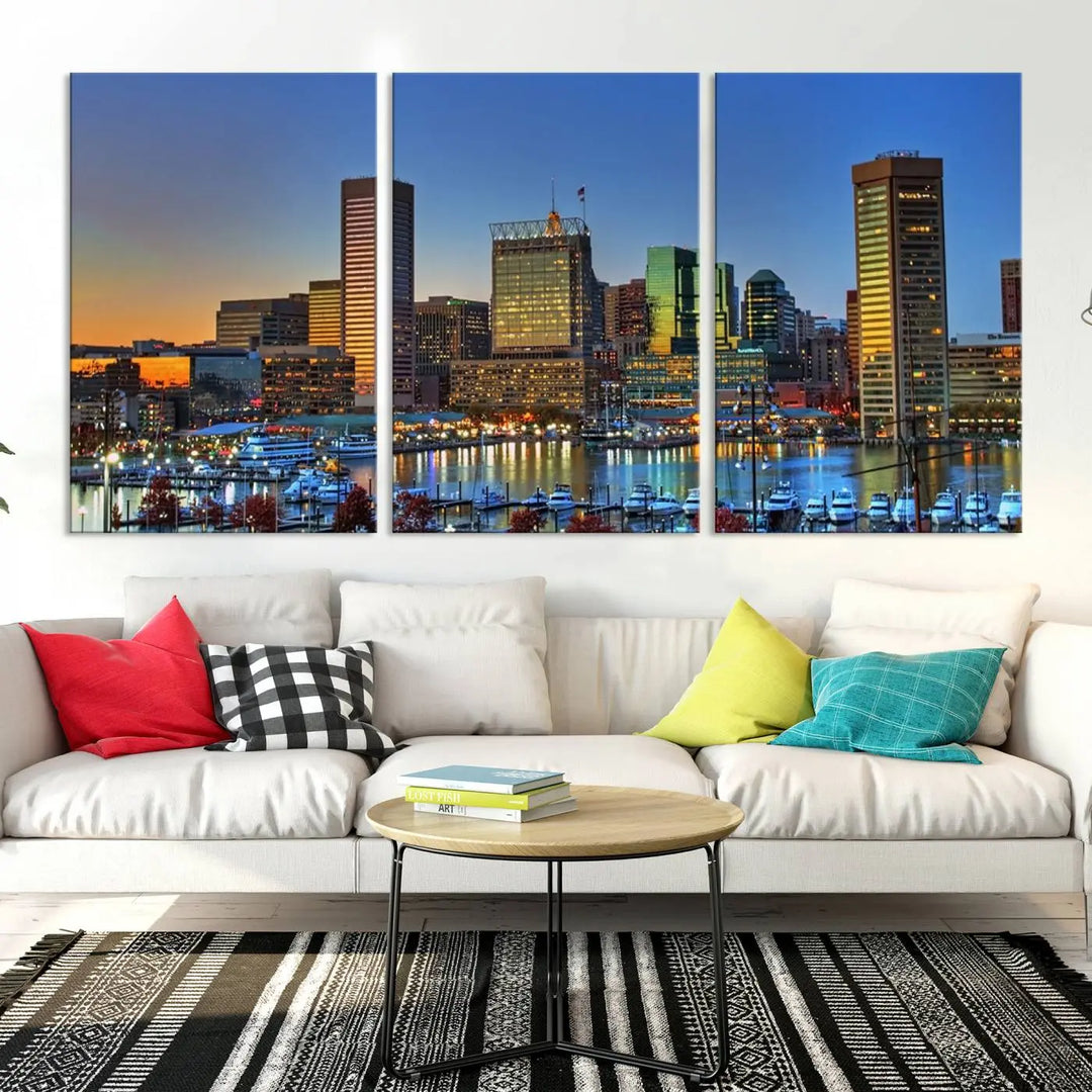 Living room featuring the "Baltimore City Lights Sunset Blue and Orange Skyline Cityscape View" wall art canvas print on museum-quality canvases.