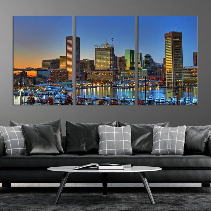 Living room featuring the "Baltimore City Lights Sunset Blue and Orange Skyline Cityscape View" wall art canvas print on museum-quality canvases.