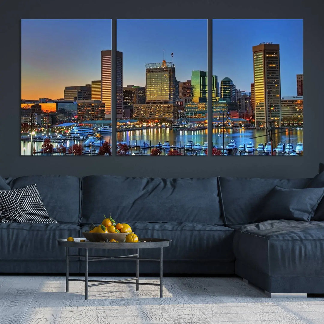 Living room featuring the "Baltimore City Lights Sunset Blue and Orange Skyline Cityscape View" wall art canvas print on museum-quality canvases.