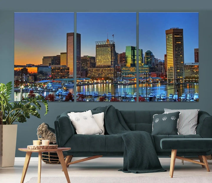 Living room featuring the "Baltimore City Lights Sunset Blue and Orange Skyline Cityscape View" wall art canvas print on museum-quality canvases.