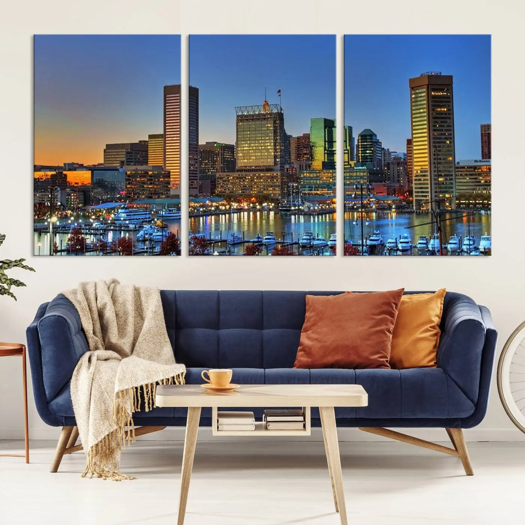 Living room featuring the "Baltimore City Lights Sunset Blue and Orange Skyline Cityscape View" wall art canvas print on museum-quality canvases.