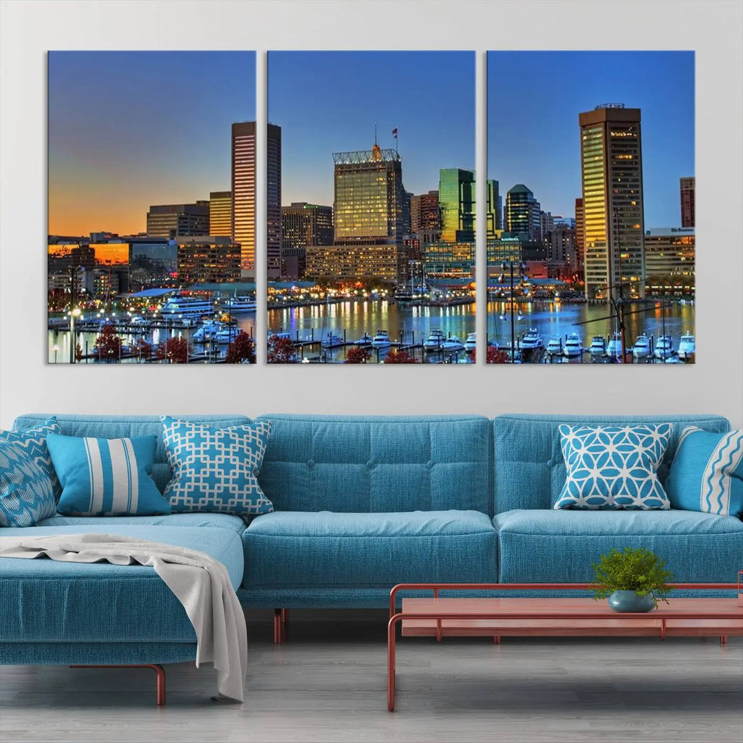 Living room featuring the "Baltimore City Lights Sunset Blue and Orange Skyline Cityscape View" wall art canvas print on museum-quality canvases.