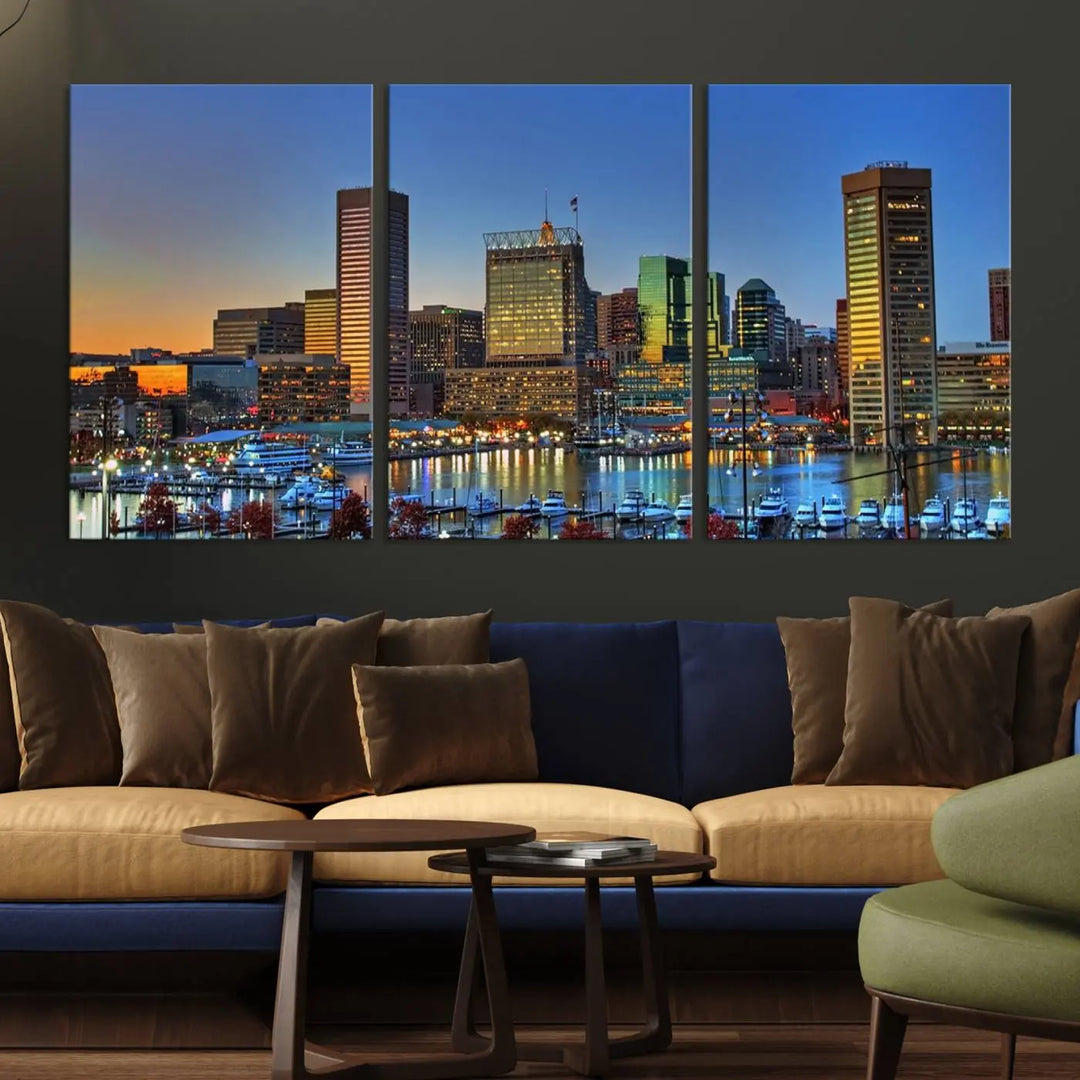 Living room featuring the "Baltimore City Lights Sunset Blue and Orange Skyline Cityscape View" wall art canvas print on museum-quality canvases.