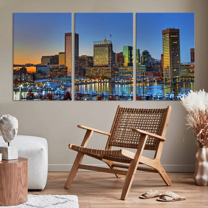 Living room featuring the "Baltimore City Lights Sunset Blue and Orange Skyline Cityscape View" wall art canvas print on museum-quality canvases.