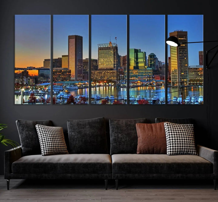 Living room featuring the "Baltimore City Lights Sunset Blue and Orange Skyline Cityscape View" wall art canvas print on museum-quality canvases.