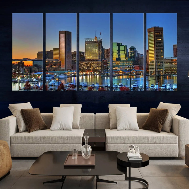 Living room featuring the "Baltimore City Lights Sunset Blue and Orange Skyline Cityscape View" wall art canvas print on museum-quality canvases.