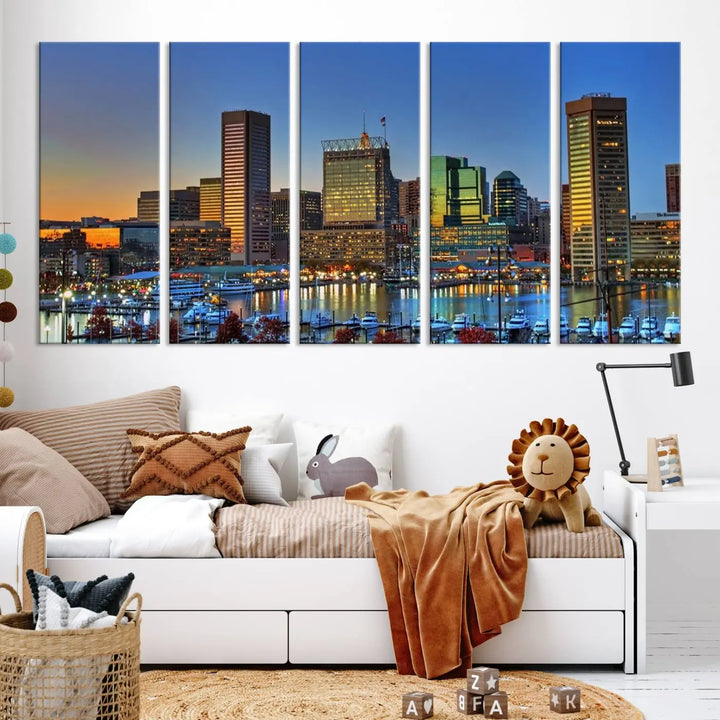 Living room featuring the "Baltimore City Lights Sunset Blue and Orange Skyline Cityscape View" wall art canvas print on museum-quality canvases.