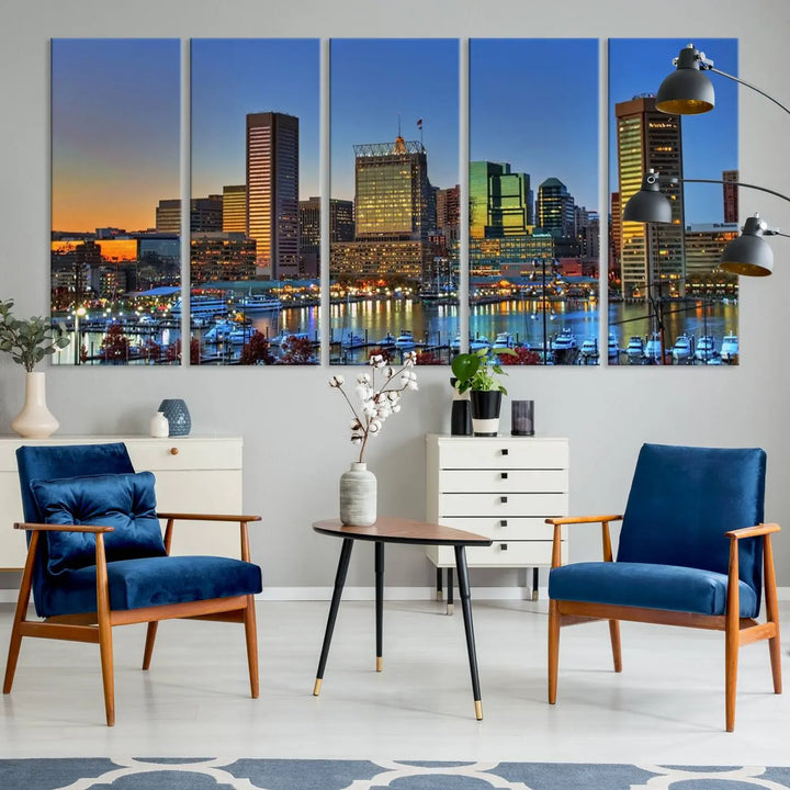 Living room featuring the "Baltimore City Lights Sunset Blue and Orange Skyline Cityscape View" wall art canvas print on museum-quality canvases.