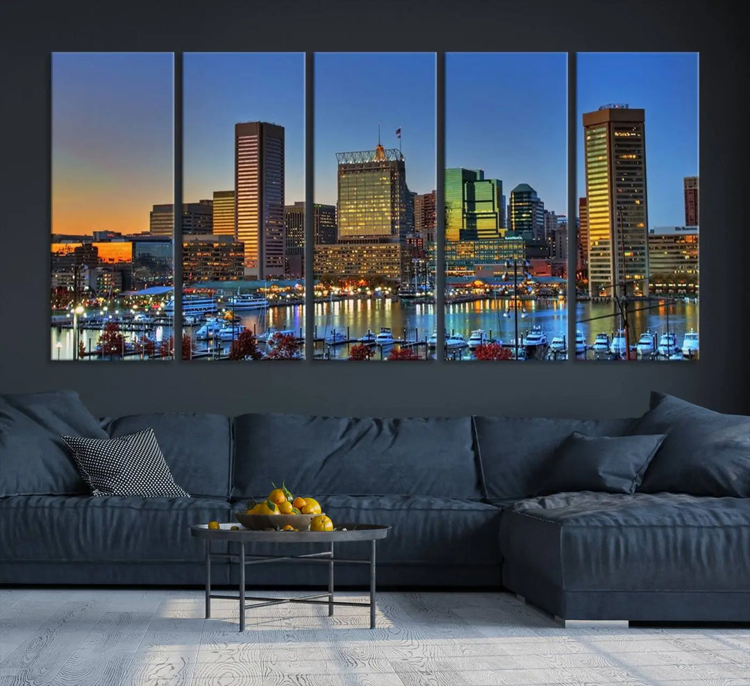 Living room featuring the "Baltimore City Lights Sunset Blue and Orange Skyline Cityscape View" wall art canvas print on museum-quality canvases.