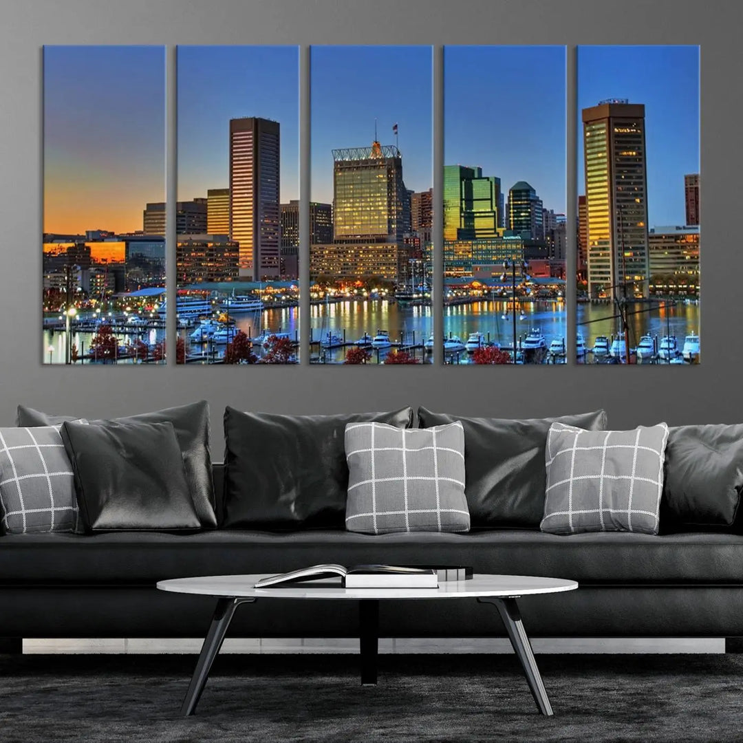 Living room featuring the "Baltimore City Lights Sunset Blue and Orange Skyline Cityscape View" wall art canvas print on museum-quality canvases.