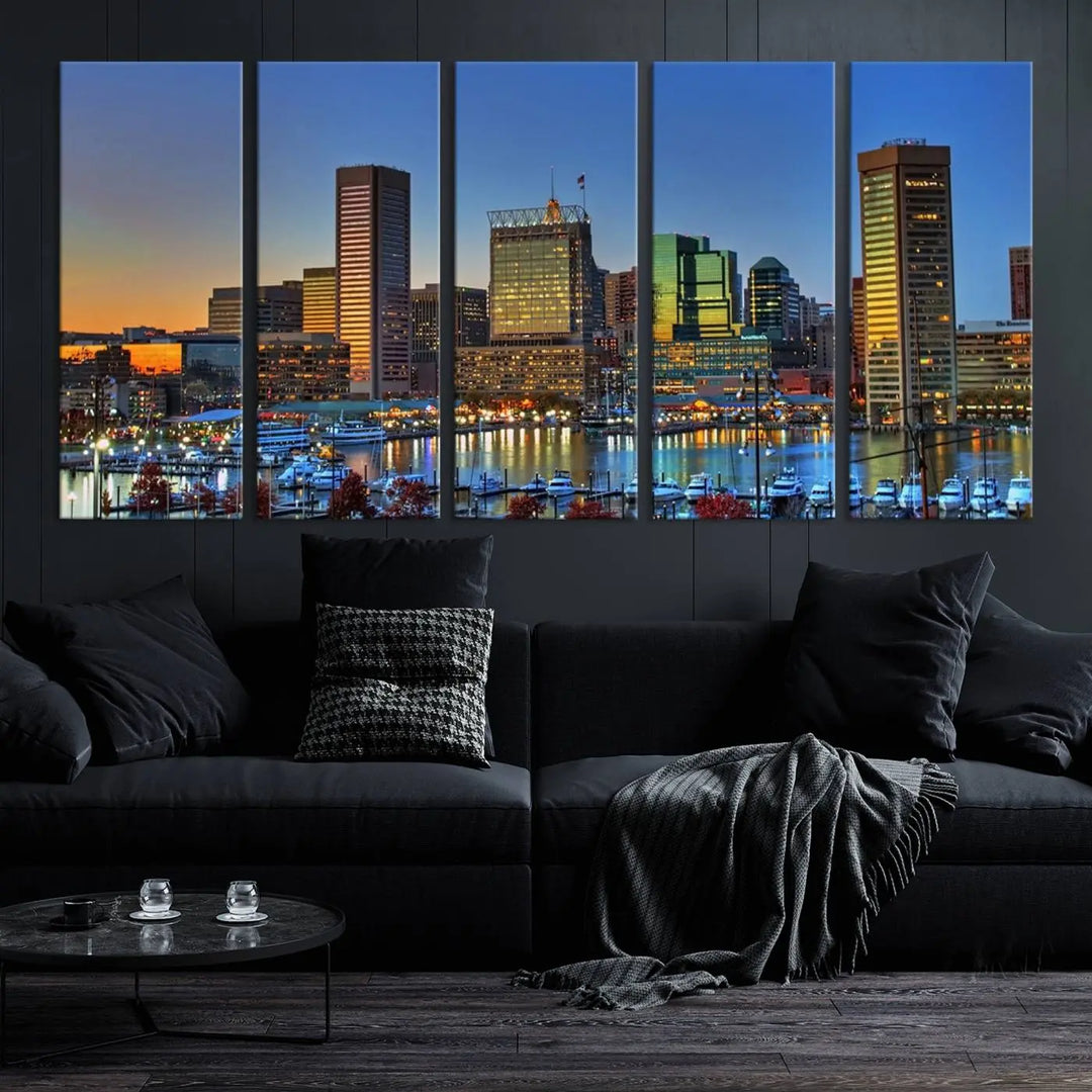 Living room featuring the "Baltimore City Lights Sunset Blue and Orange Skyline Cityscape View" wall art canvas print on museum-quality canvases.