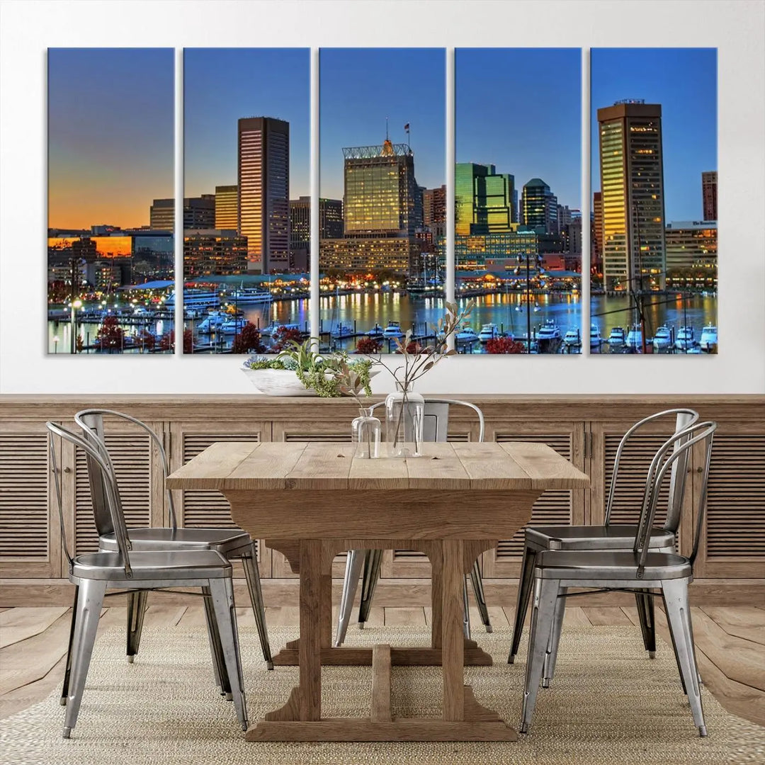 Living room featuring the "Baltimore City Lights Sunset Blue and Orange Skyline Cityscape View" wall art canvas print on museum-quality canvases.