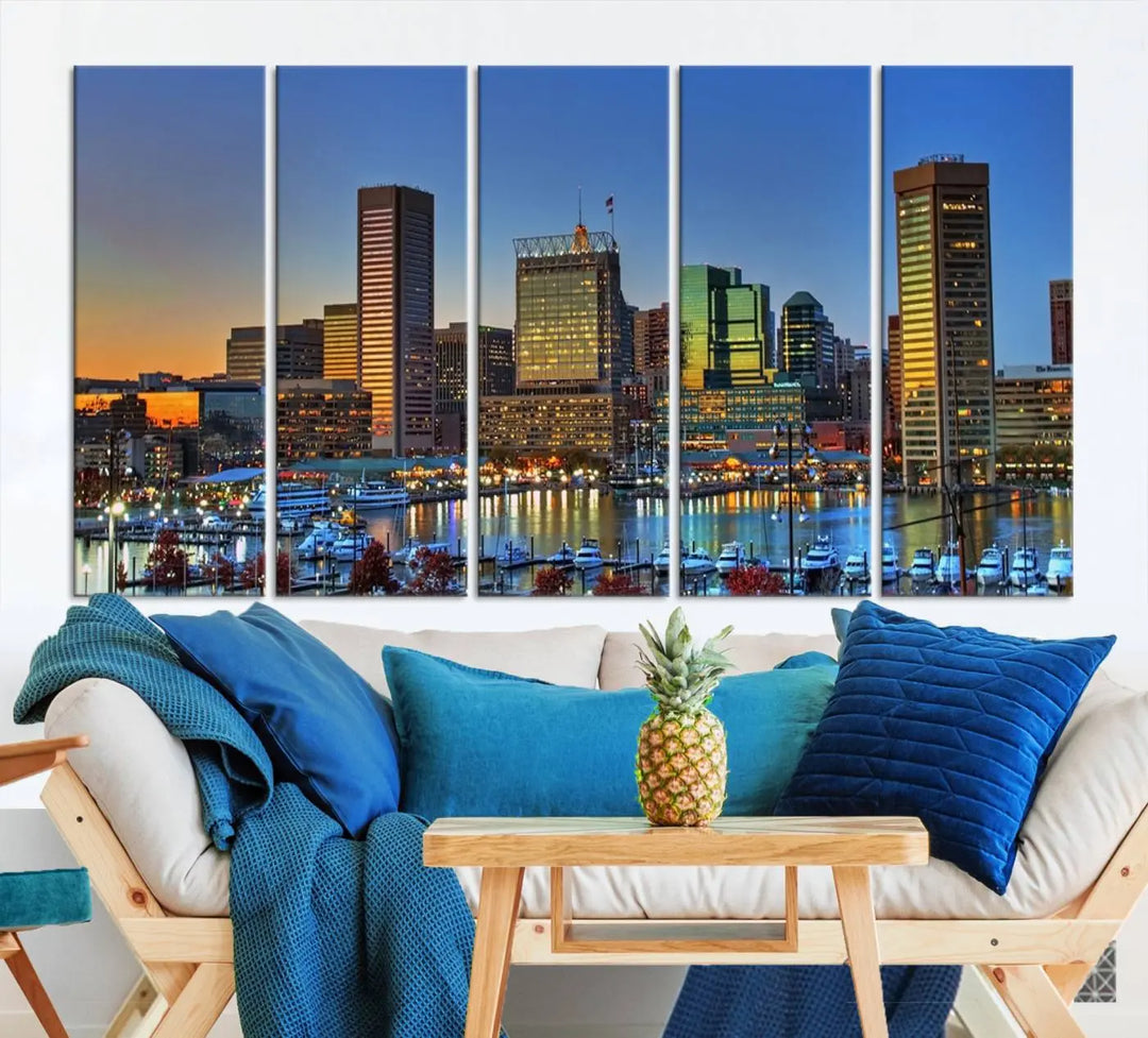 Living room featuring the "Baltimore City Lights Sunset Blue and Orange Skyline Cityscape View" wall art canvas print on museum-quality canvases.