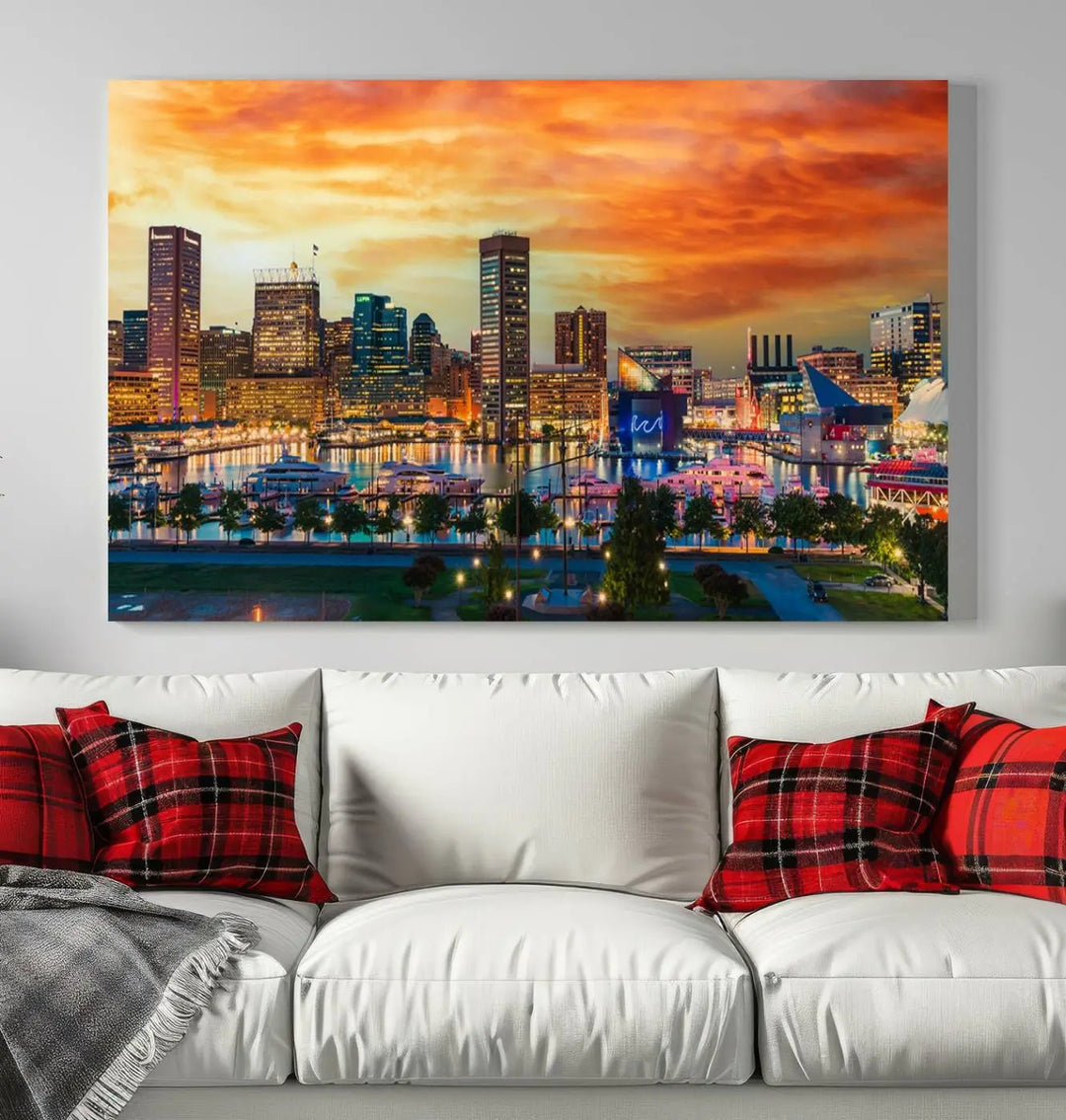 The living room features the Baltimore City Lights Sunset Orange Skyline Cityscape View Wall Art Canvas Print. This vibrant skyline masterpiece is professionally hand-assembled on museum-quality canvases and treated with a UV-protective coating for lasting beauty.