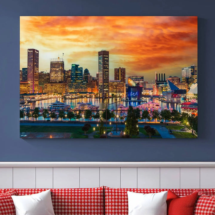 The living room features the Baltimore City Lights Sunset Orange Skyline Cityscape View Wall Art Canvas Print. This vibrant skyline masterpiece is professionally hand-assembled on museum-quality canvases and treated with a UV-protective coating for lasting beauty.