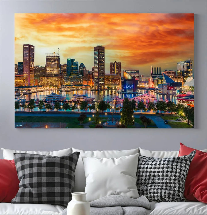 The living room features the Baltimore City Lights Sunset Orange Skyline Cityscape View Wall Art Canvas Print. This vibrant skyline masterpiece is professionally hand-assembled on museum-quality canvases and treated with a UV-protective coating for lasting beauty.