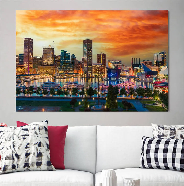 The living room features the Baltimore City Lights Sunset Orange Skyline Cityscape View Wall Art Canvas Print. This vibrant skyline masterpiece is professionally hand-assembled on museum-quality canvases and treated with a UV-protective coating for lasting beauty.