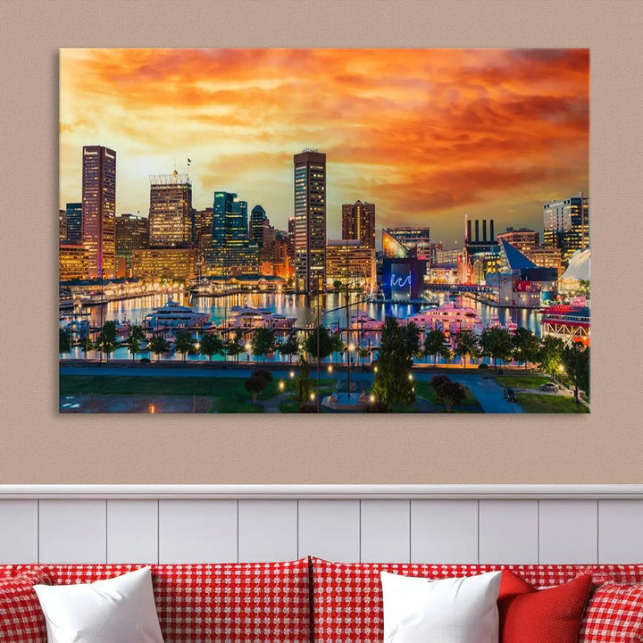 The living room features the Baltimore City Lights Sunset Orange Skyline Cityscape View Wall Art Canvas Print. This vibrant skyline masterpiece is professionally hand-assembled on museum-quality canvases and treated with a UV-protective coating for lasting beauty.