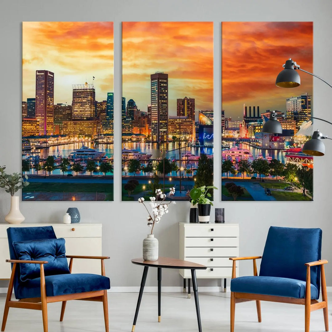 The living room features the Baltimore City Lights Sunset Orange Skyline Cityscape View Wall Art Canvas Print. This vibrant skyline masterpiece is professionally hand-assembled on museum-quality canvases and treated with a UV-protective coating for lasting beauty.