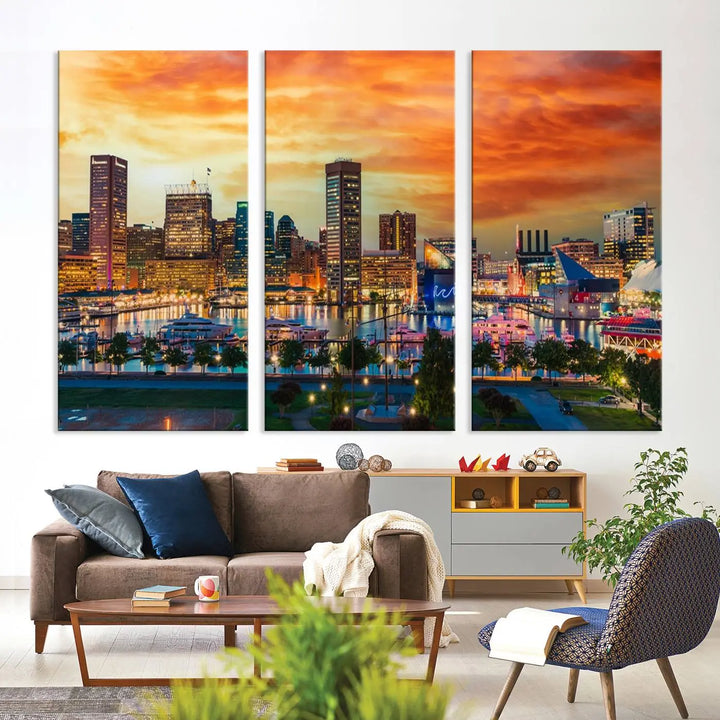 The living room features the Baltimore City Lights Sunset Orange Skyline Cityscape View Wall Art Canvas Print. This vibrant skyline masterpiece is professionally hand-assembled on museum-quality canvases and treated with a UV-protective coating for lasting beauty.