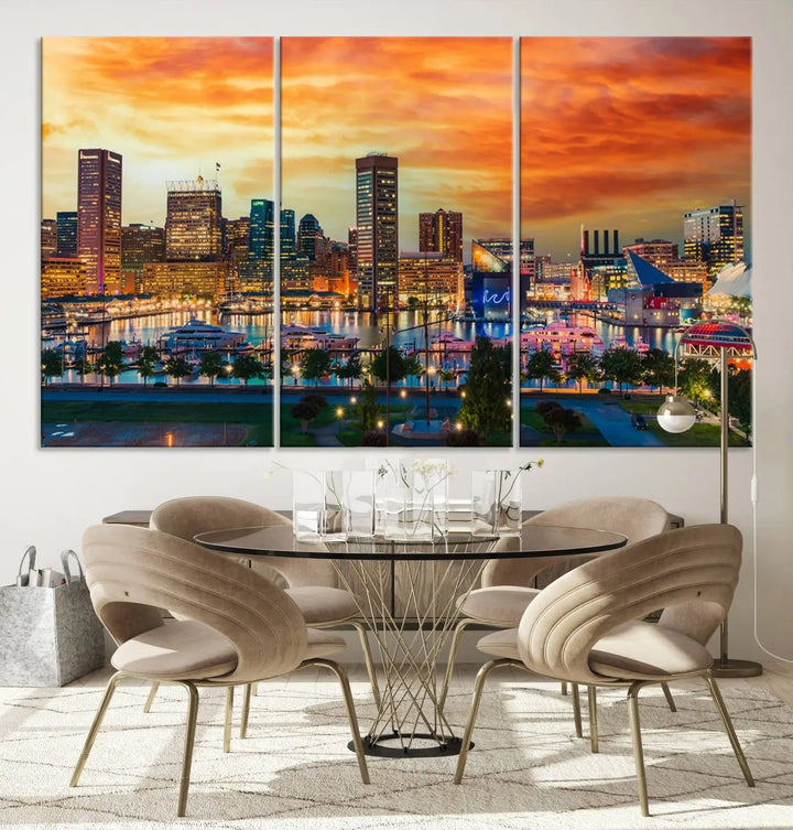 The living room features the Baltimore City Lights Sunset Orange Skyline Cityscape View Wall Art Canvas Print. This vibrant skyline masterpiece is professionally hand-assembled on museum-quality canvases and treated with a UV-protective coating for lasting beauty.