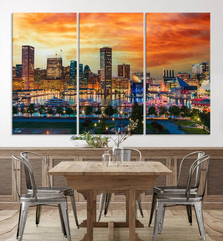 The living room features the Baltimore City Lights Sunset Orange Skyline Cityscape View Wall Art Canvas Print. This vibrant skyline masterpiece is professionally hand-assembled on museum-quality canvases and treated with a UV-protective coating for lasting beauty.