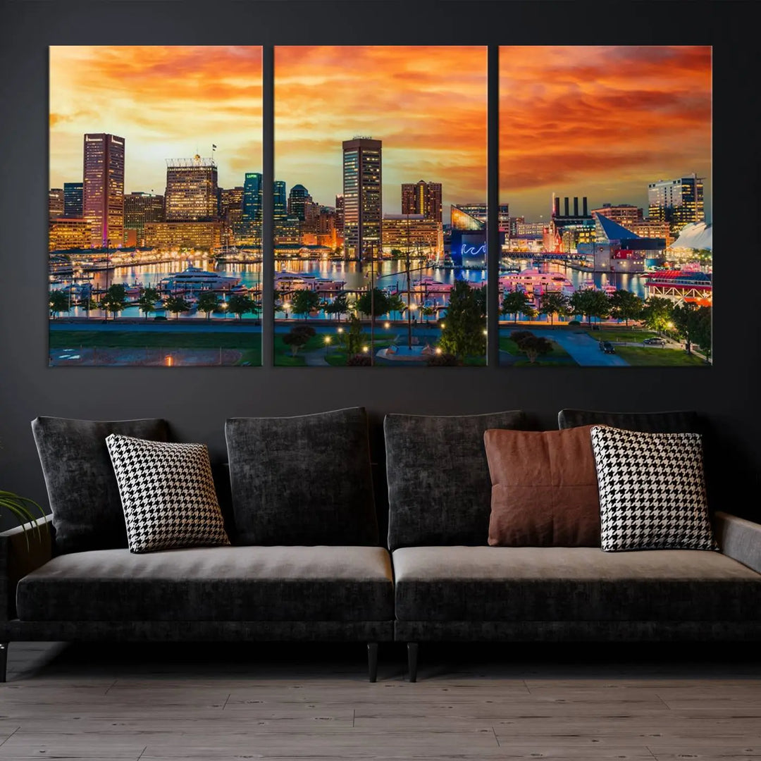 The living room features the Baltimore City Lights Sunset Orange Skyline Cityscape View Wall Art Canvas Print. This vibrant skyline masterpiece is professionally hand-assembled on museum-quality canvases and treated with a UV-protective coating for lasting beauty.