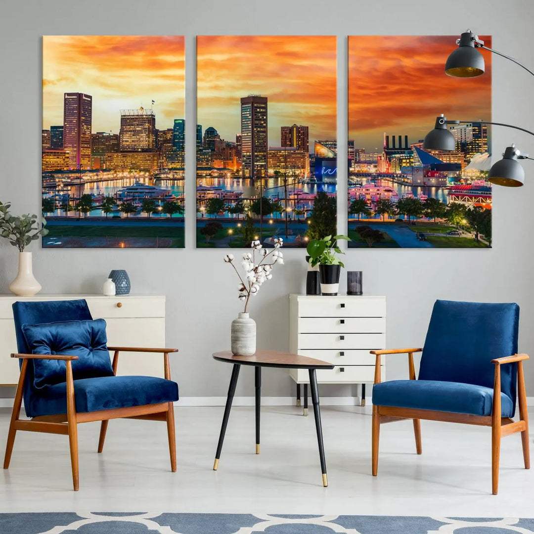 The living room features the Baltimore City Lights Sunset Orange Skyline Cityscape View Wall Art Canvas Print. This vibrant skyline masterpiece is professionally hand-assembled on museum-quality canvases and treated with a UV-protective coating for lasting beauty.