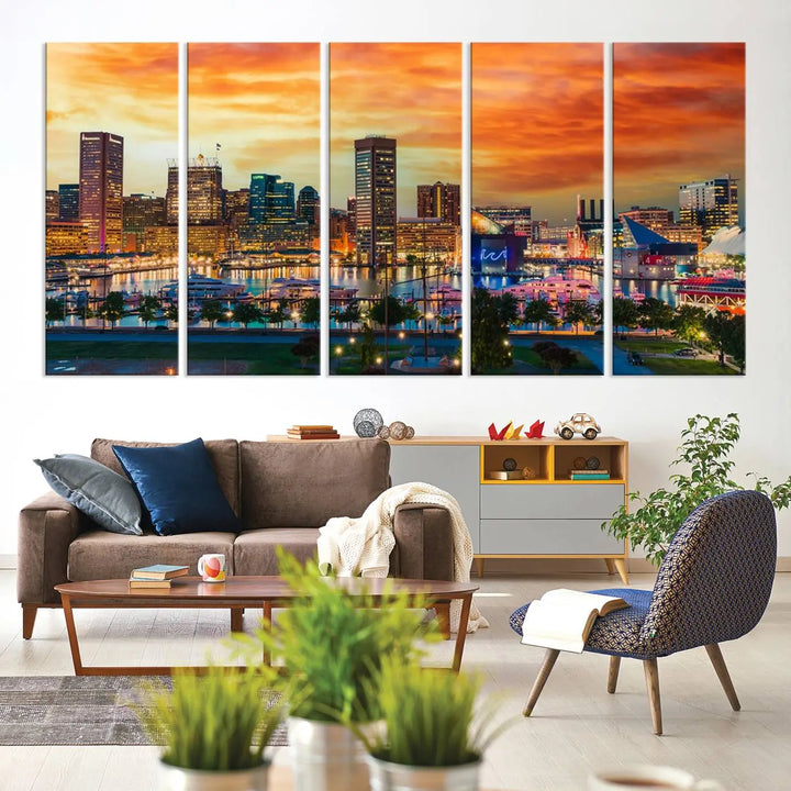 The living room features the Baltimore City Lights Sunset Orange Skyline Cityscape View Wall Art Canvas Print. This vibrant skyline masterpiece is professionally hand-assembled on museum-quality canvases and treated with a UV-protective coating for lasting beauty.