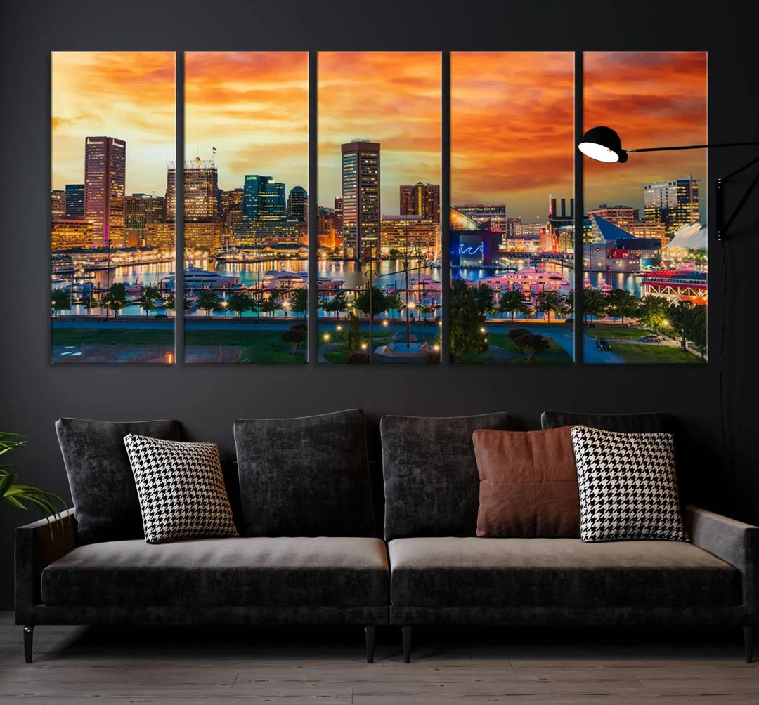 The living room features the Baltimore City Lights Sunset Orange Skyline Cityscape View Wall Art Canvas Print. This vibrant skyline masterpiece is professionally hand-assembled on museum-quality canvases and treated with a UV-protective coating for lasting beauty.