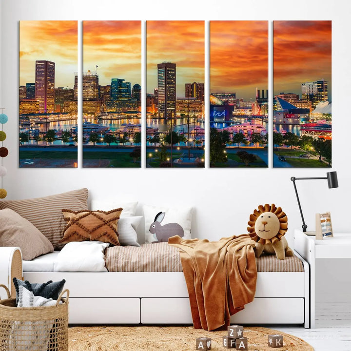 The living room features the Baltimore City Lights Sunset Orange Skyline Cityscape View Wall Art Canvas Print. This vibrant skyline masterpiece is professionally hand-assembled on museum-quality canvases and treated with a UV-protective coating for lasting beauty.