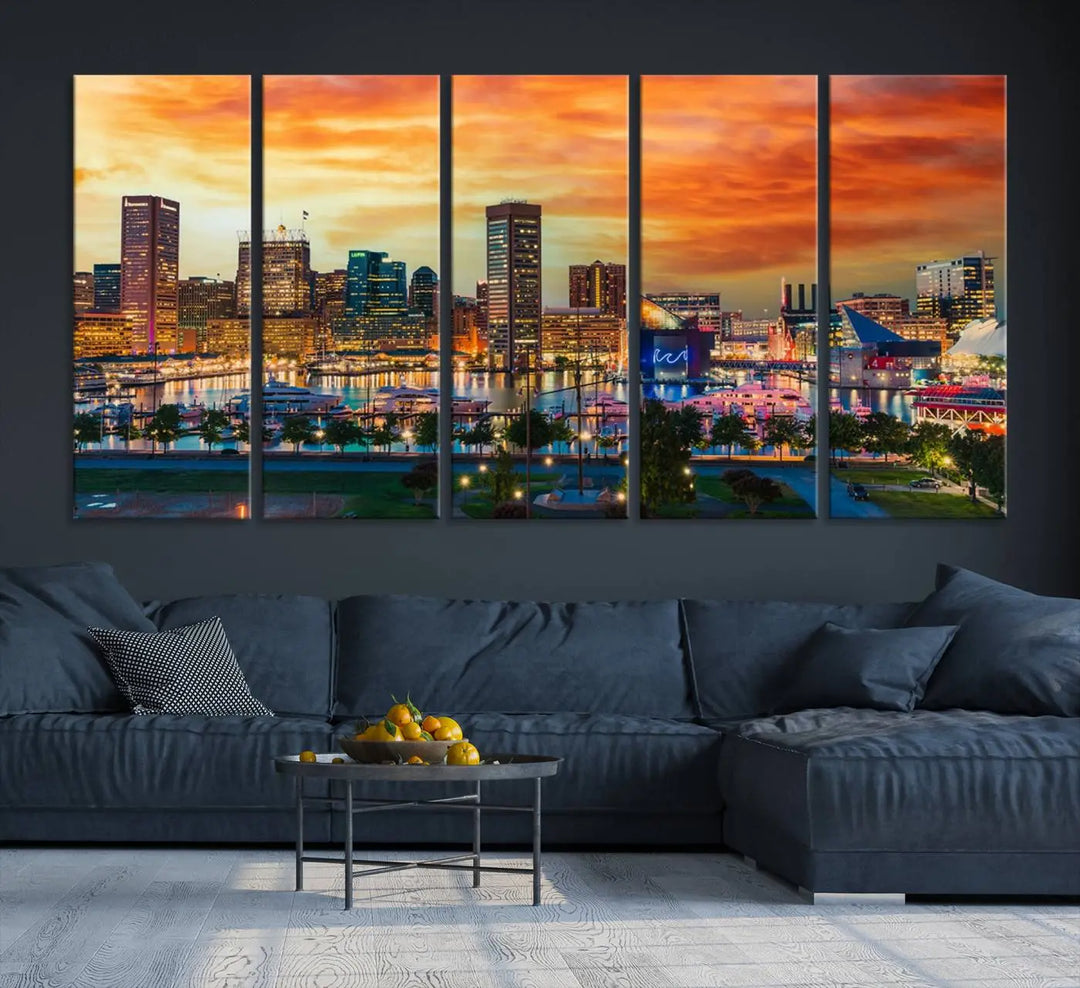 The living room features the Baltimore City Lights Sunset Orange Skyline Cityscape View Wall Art Canvas Print. This vibrant skyline masterpiece is professionally hand-assembled on museum-quality canvases and treated with a UV-protective coating for lasting beauty.