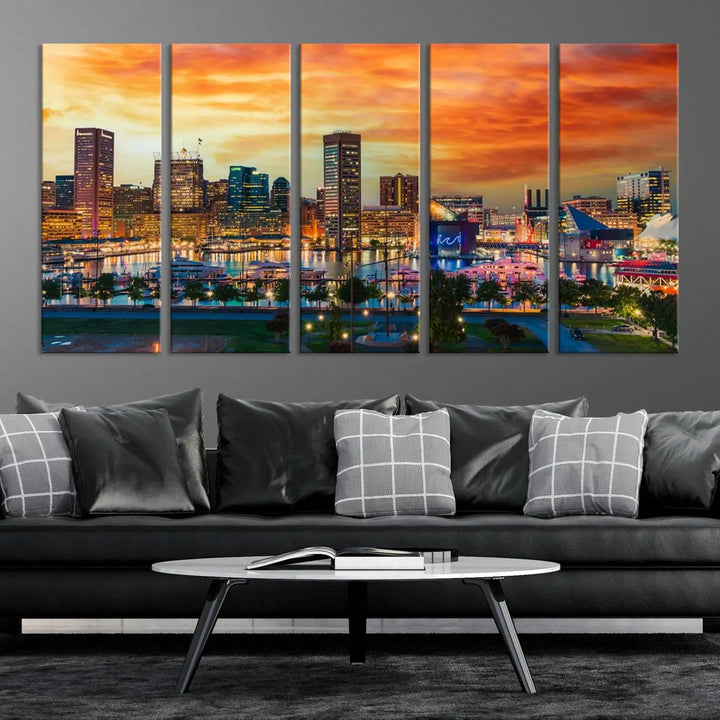 The living room features the Baltimore City Lights Sunset Orange Skyline Cityscape View Wall Art Canvas Print. This vibrant skyline masterpiece is professionally hand-assembled on museum-quality canvases and treated with a UV-protective coating for lasting beauty.