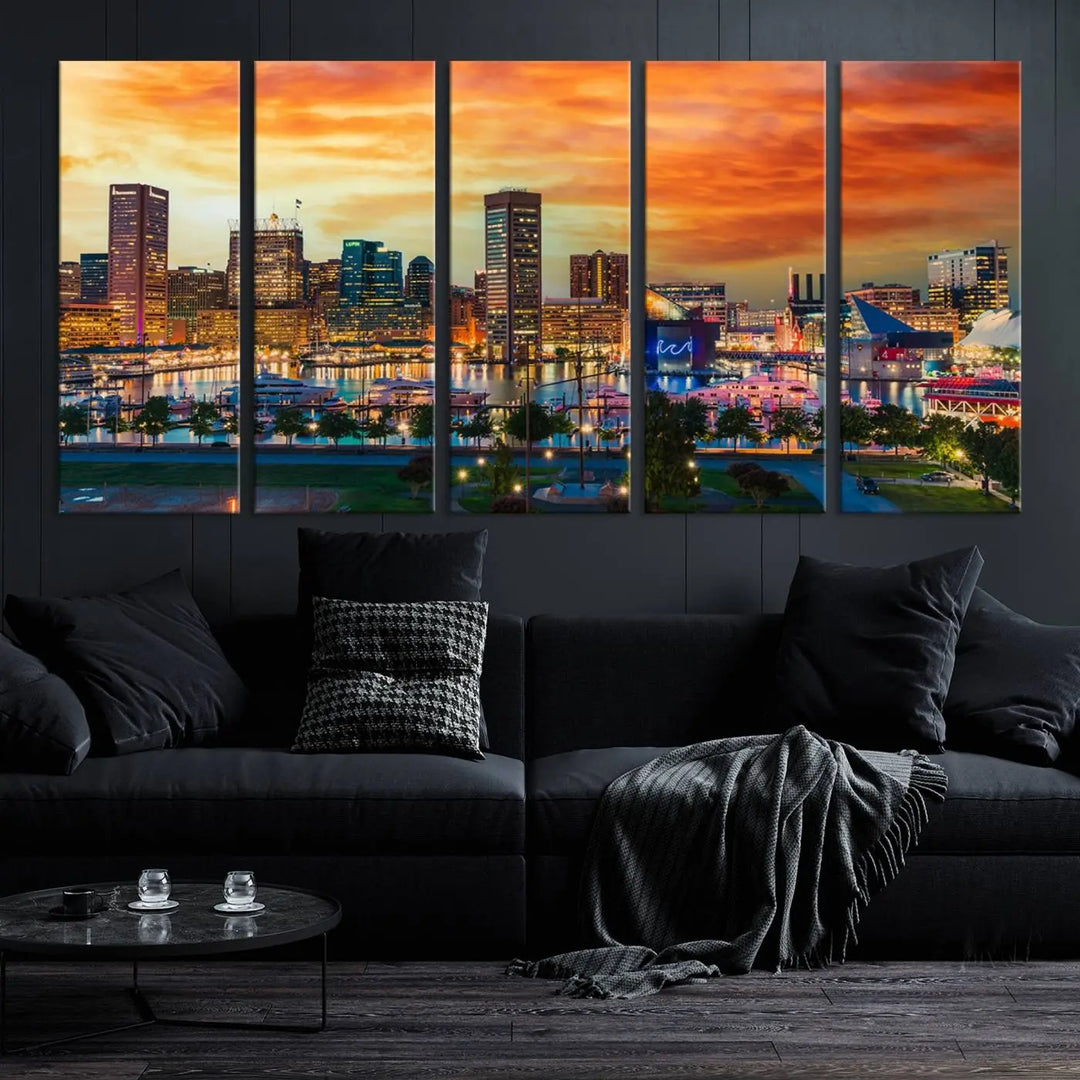 The living room features the Baltimore City Lights Sunset Orange Skyline Cityscape View Wall Art Canvas Print. This vibrant skyline masterpiece is professionally hand-assembled on museum-quality canvases and treated with a UV-protective coating for lasting beauty.