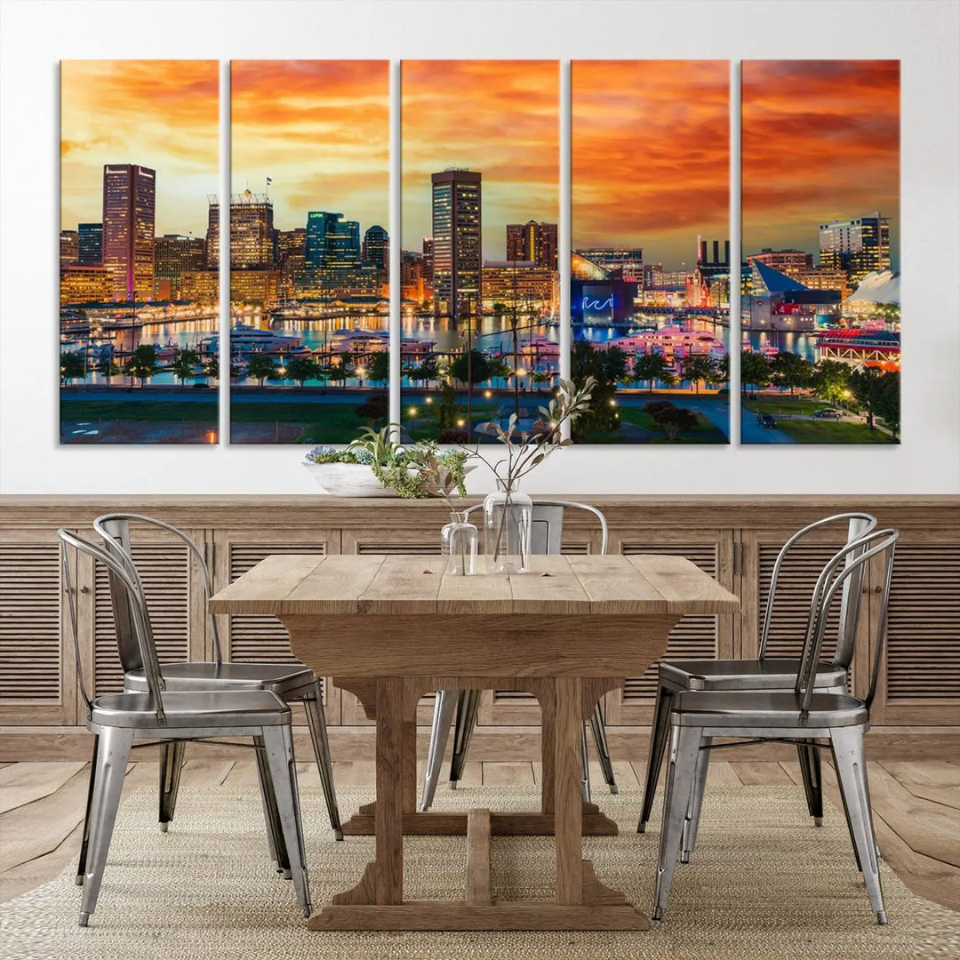 The living room features the Baltimore City Lights Sunset Orange Skyline Cityscape View Wall Art Canvas Print. This vibrant skyline masterpiece is professionally hand-assembled on museum-quality canvases and treated with a UV-protective coating for lasting beauty.