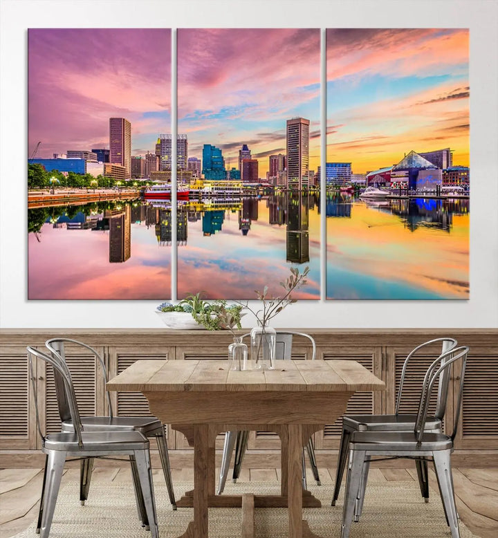 The Baltimore City Lights Sunset Pink and Orange Skyline canvas print depicts a vibrant cityscape at sunset, with skyscrapers reflecting in a calm river on museum-quality canvas. Each piece is gallery wrapped and features a UV-protective coating.