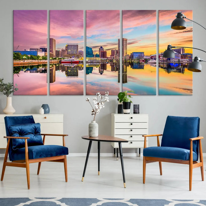 The Baltimore City Lights Sunset Pink and Orange Skyline canvas print depicts a vibrant cityscape at sunset, with skyscrapers reflecting in a calm river on museum-quality canvas. Each piece is gallery wrapped and features a UV-protective coating.