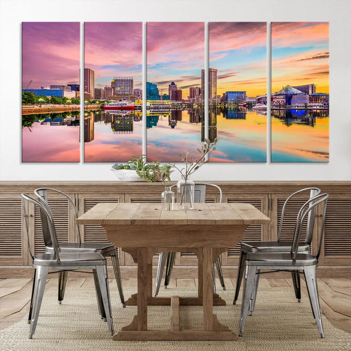 The Baltimore City Lights Sunset Pink and Orange Skyline canvas print depicts a vibrant cityscape at sunset, with skyscrapers reflecting in a calm river on museum-quality canvas. Each piece is gallery wrapped and features a UV-protective coating.