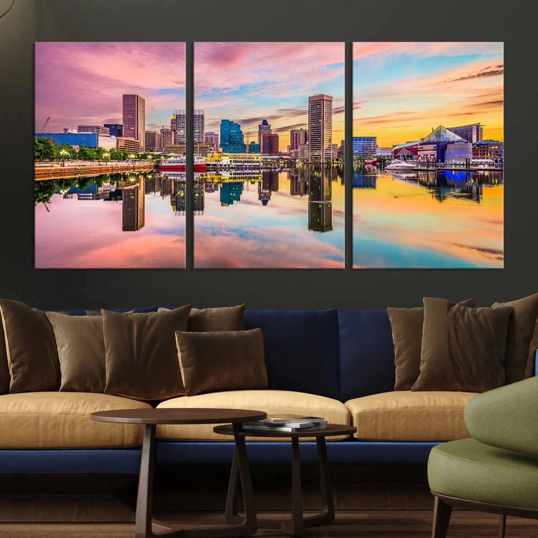 Transform your living room with the captivating elegance of the Baltimore City Lights Sunset Pink and Orange Skyline Cityscape View Wall Art Canvas Print. This triptych wall art features a breathtaking cityscape at sunset, beautifully reflected over water. Crafted with museum-quality canvases and UV-protective coating, it's ready to hang.