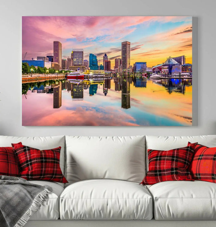 Transform your living room with the captivating elegance of the Baltimore City Lights Sunset Pink and Orange Skyline Cityscape View Wall Art Canvas Print. This triptych wall art features a breathtaking cityscape at sunset, beautifully reflected over water. Crafted with museum-quality canvases and UV-protective coating, it's ready to hang.